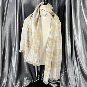 J. Crew‎ Lambswool Plaid Scarf 76" x 20" Preppy Beige Tan Silver Winter Fringe